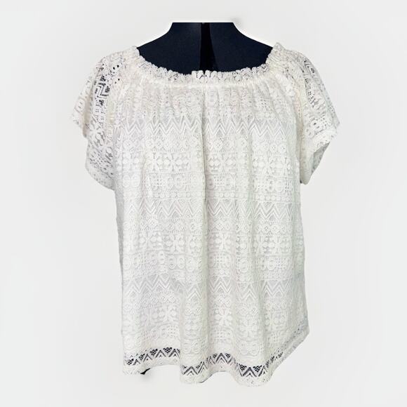 Melrose And Market White Lace Eyelet Cutout Off Shoulder Ruffle Sleeve SM Blouse - Picture 1 of 6